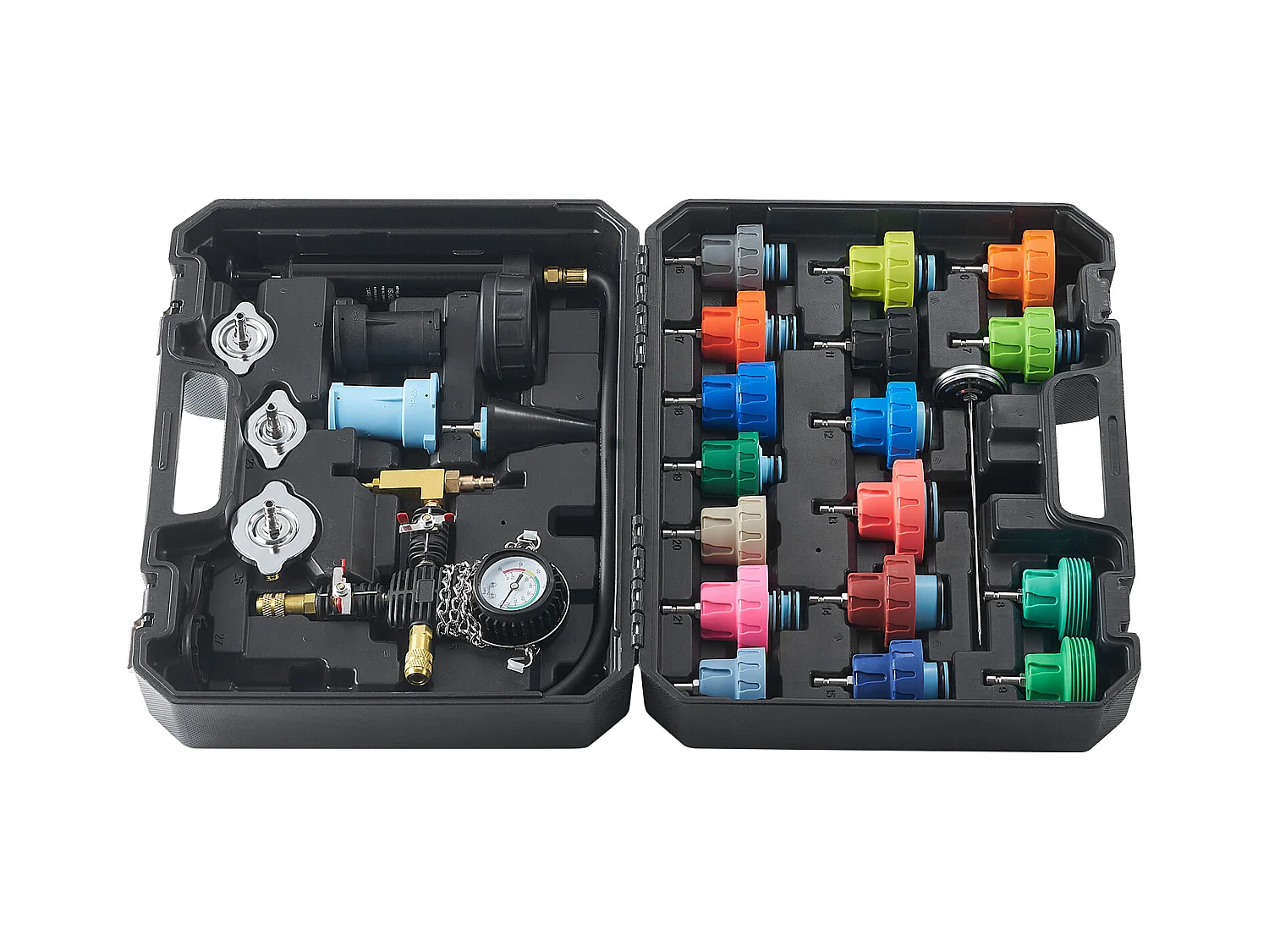 Kit Testeur de Pression, SucceBuy Kit de Testeur de Pression de Radiateur 28 Pièces, Aspirateur et Recharge de Liquide de Refroidissement, Adaptateurs