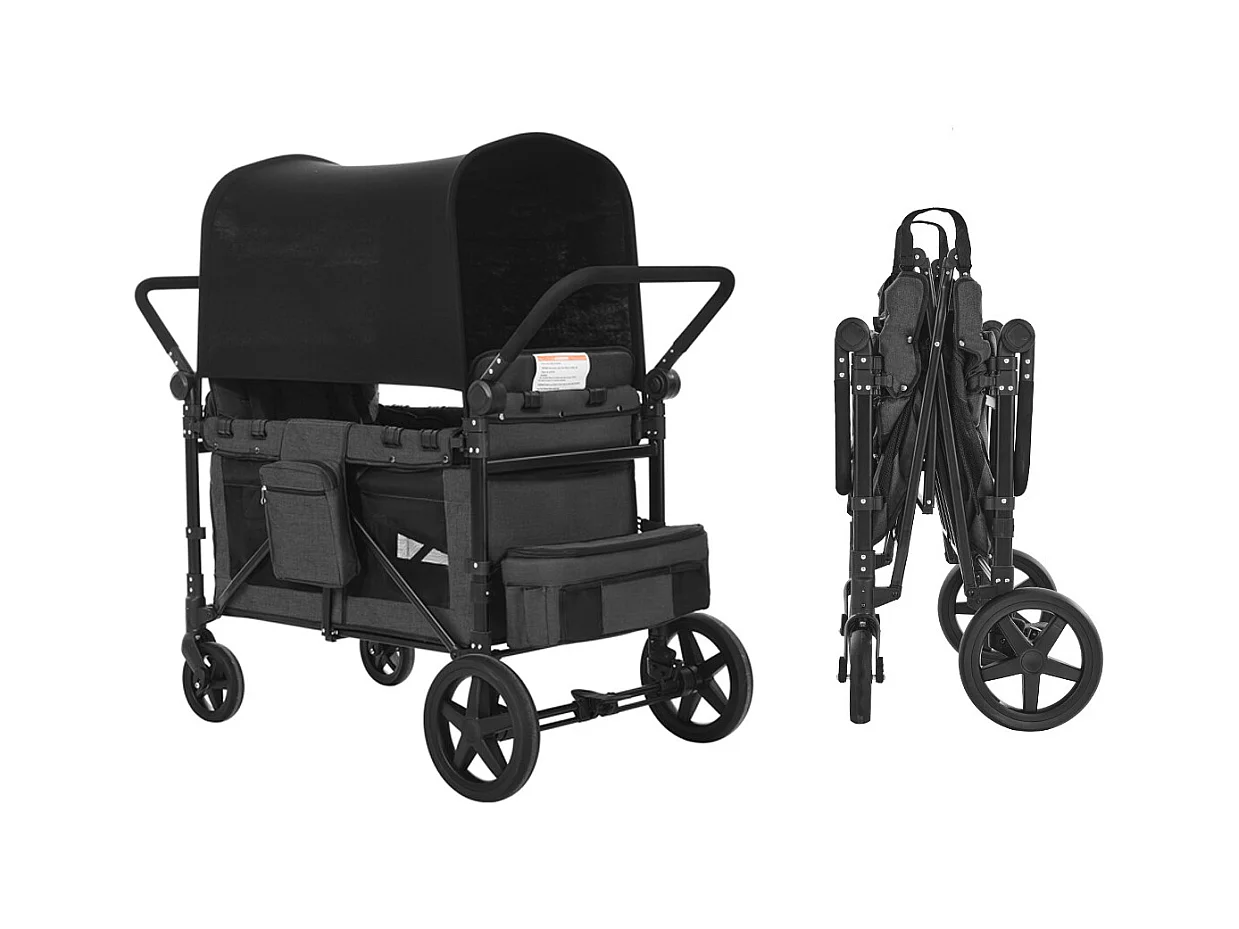 Poussette Wagon pour 4 Enfants SucceBuy, Poussette-chariot Capacité de 150 kg, Pliable, Gris Foncé et Noir
