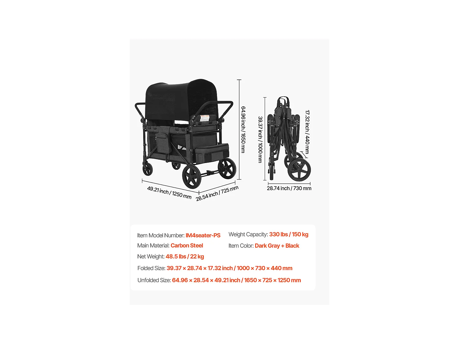 Poussette Wagon pour 4 Enfants SucceBuy, Poussette-chariot Capacité de 150 kg, Pliable, Gris Foncé et Noir