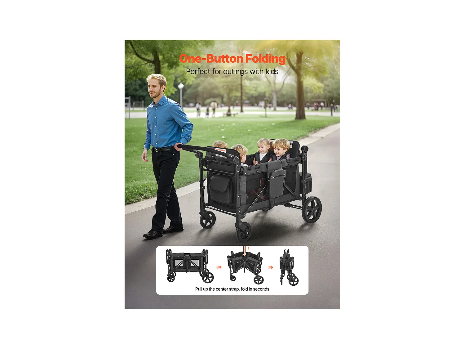 Poussette Wagon pour 4 Enfants SucceBuy, Poussette-chariot Capacité de 150 kg, Pliable, Gris Foncé et Noir