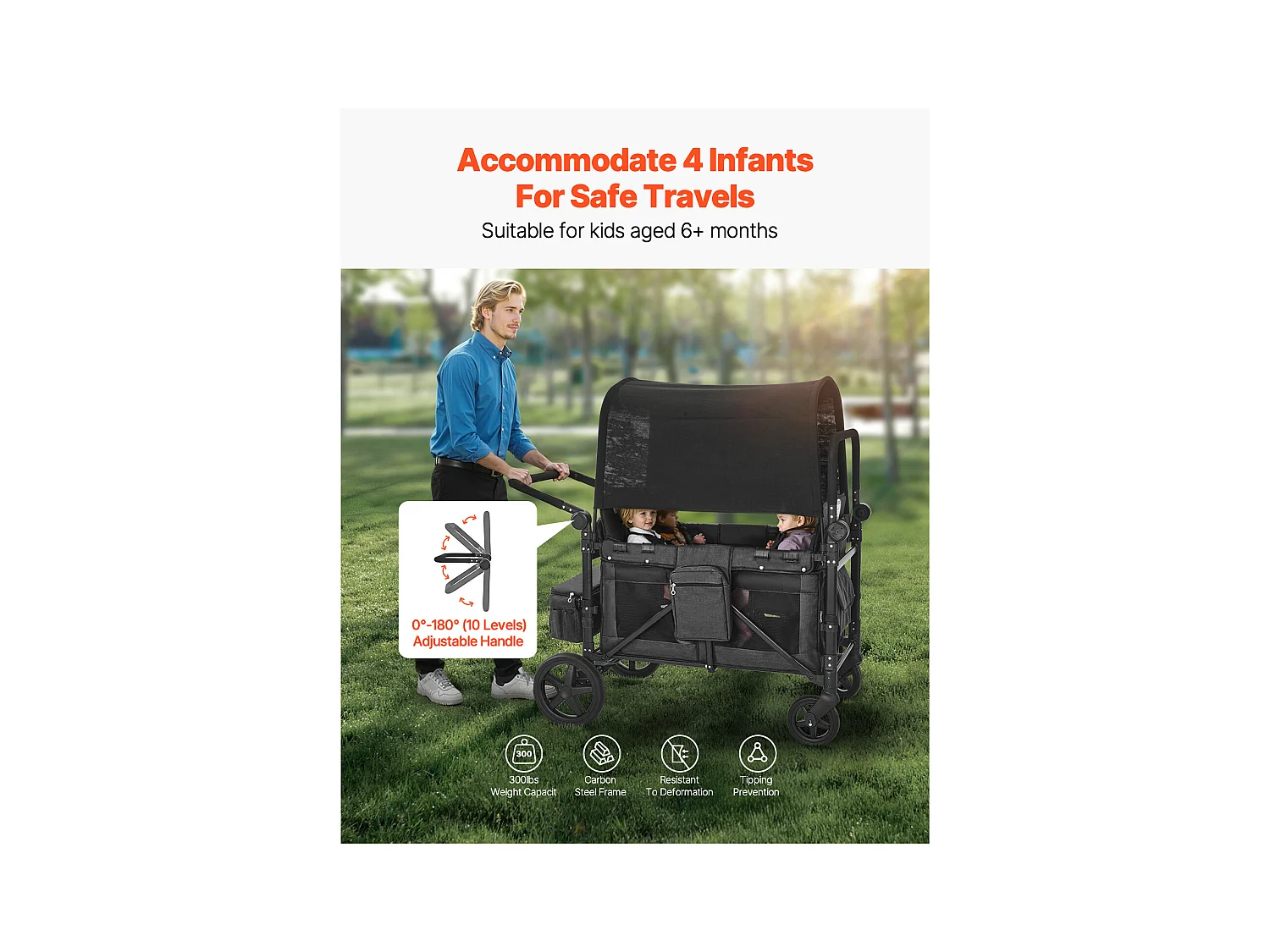 Poussette Wagon pour 4 Enfants SucceBuy, Poussette-chariot Capacité de 150 kg, Pliable, Gris Foncé et Noir