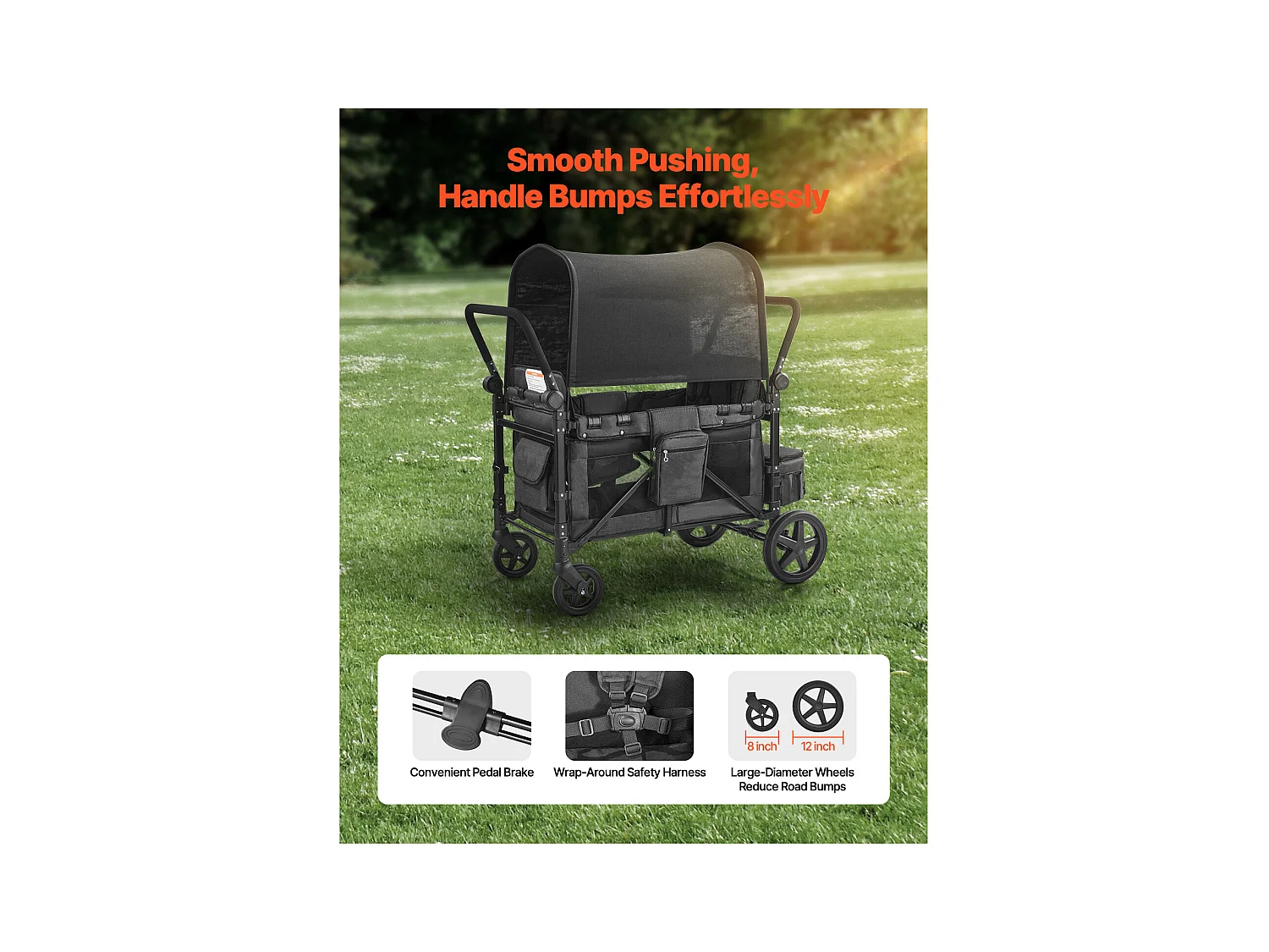 Poussette Wagon pour 4 Enfants SucceBuy, Poussette-chariot Capacité de 150 kg, Pliable, Gris Foncé et Noir