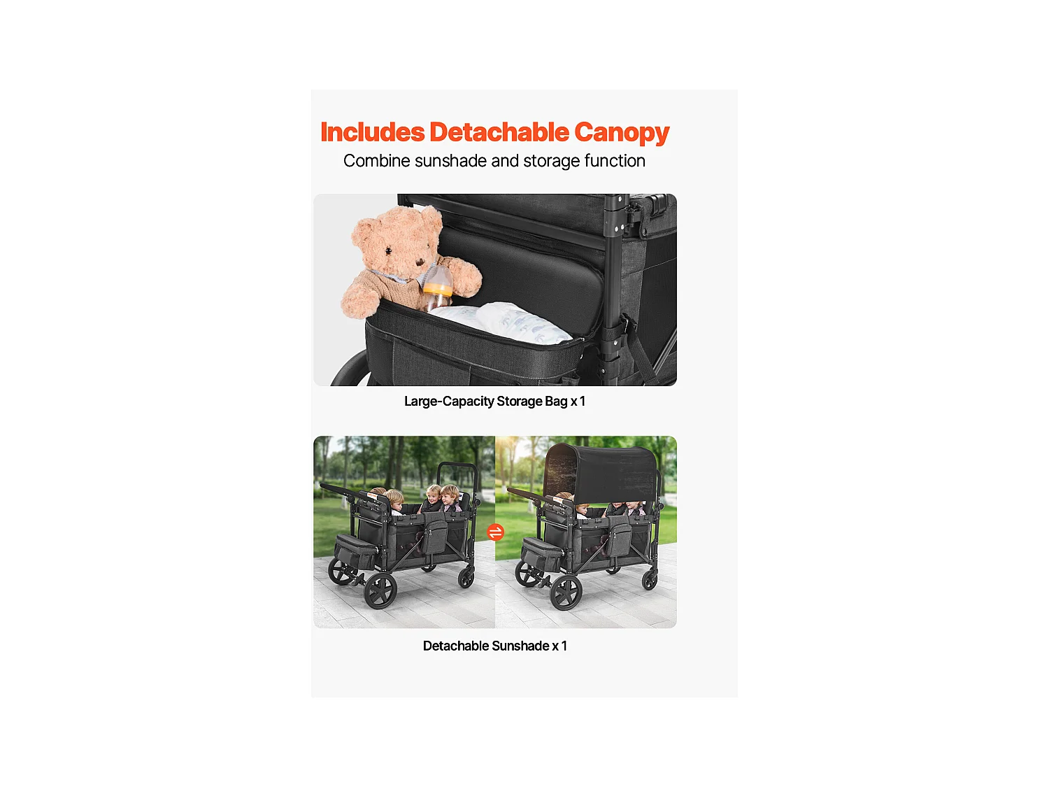 Poussette Wagon pour 4 Enfants SucceBuy, Poussette-chariot Capacité de 150 kg, Pliable, Gris Foncé et Noir