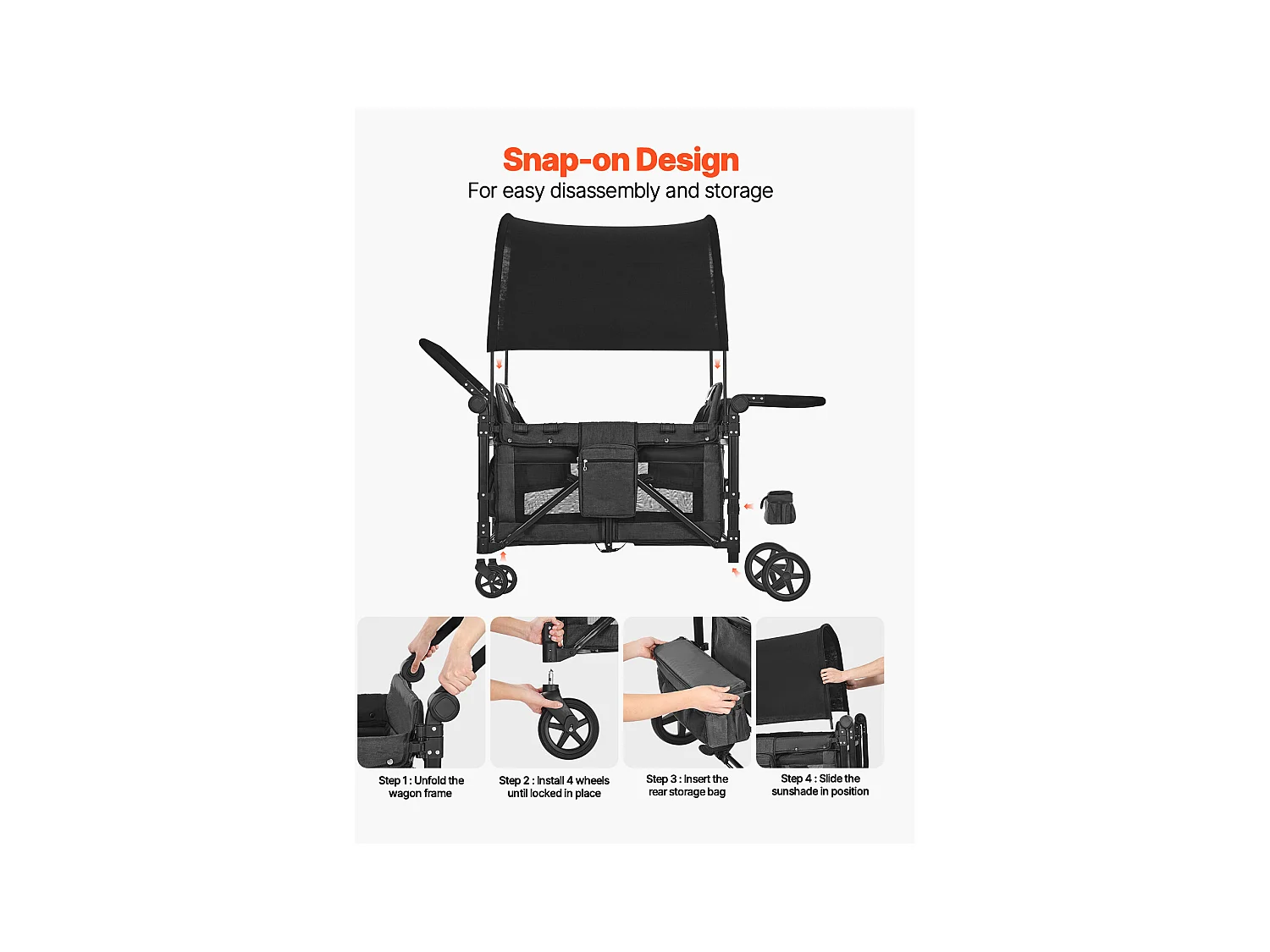 Poussette Wagon pour 4 Enfants SucceBuy, Poussette-chariot Capacité de 150 kg, Pliable, Gris Foncé et Noir