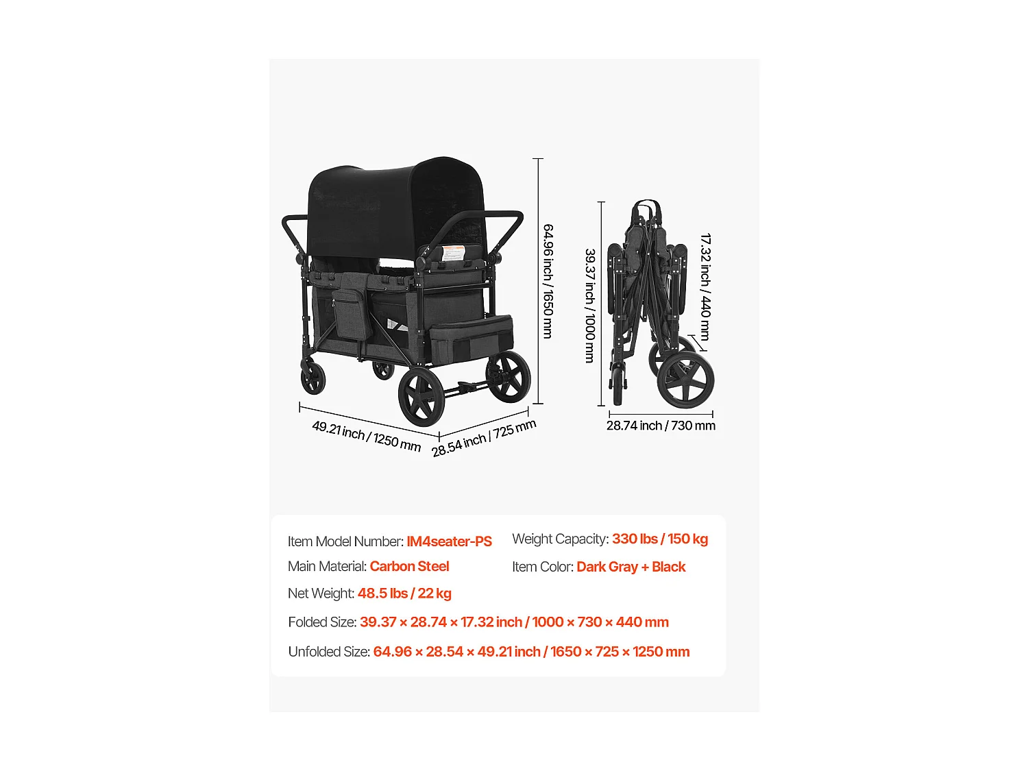 Poussette Wagon pour 4 Enfants SucceBuy, Poussette-chariot Capacité de 150 kg, Pliable, Gris Foncé et Noir