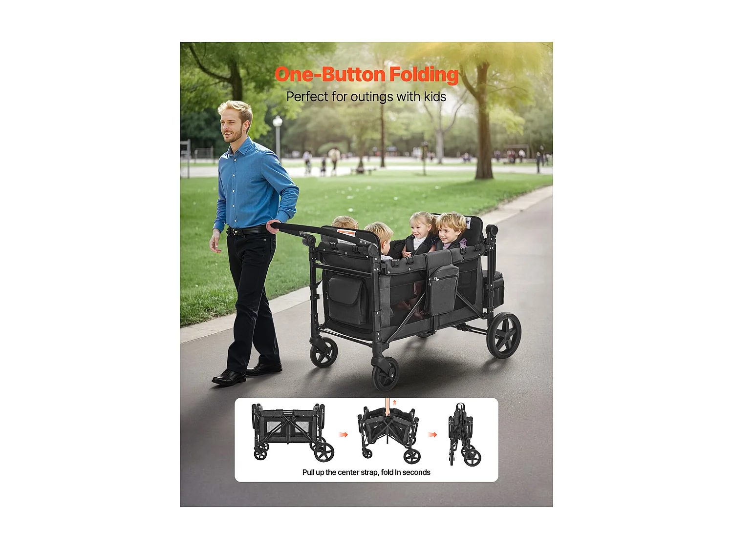 Poussette Wagon pour 4 Enfants SucceBuy, Poussette-chariot Capacité de 150 kg, Pliable, Gris Foncé et Noir