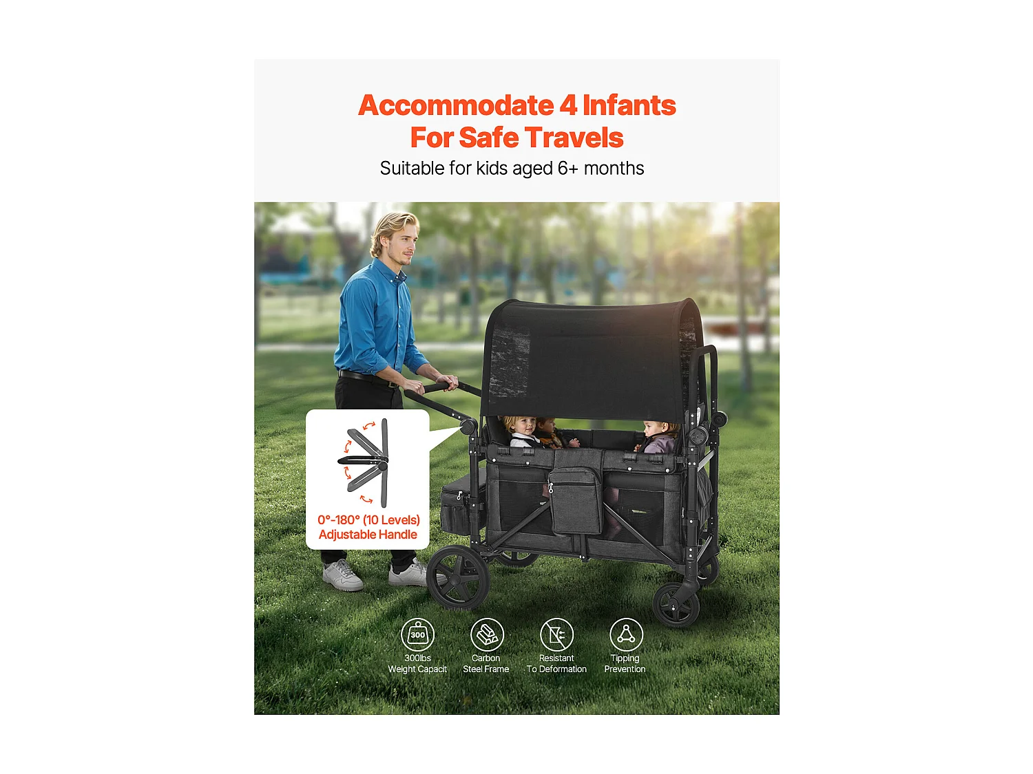 Poussette Wagon pour 4 Enfants SucceBuy, Poussette-chariot Capacité de 150 kg, Pliable, Gris Foncé et Noir