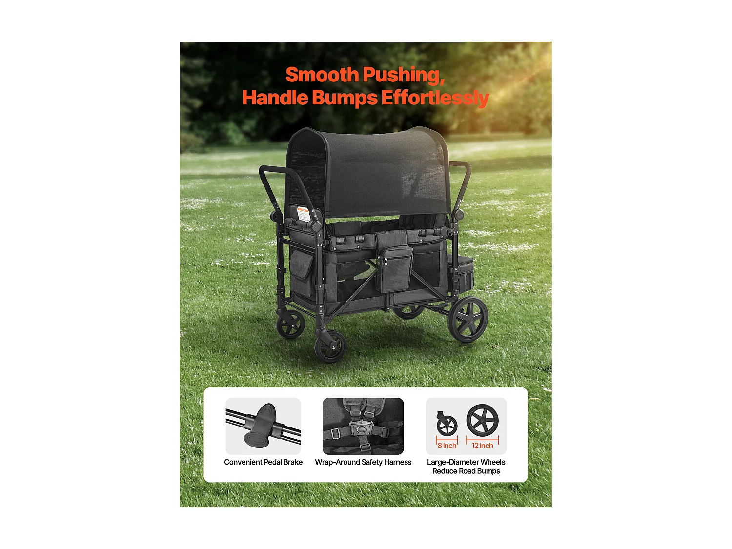 Poussette Wagon pour 4 Enfants SucceBuy, Poussette-chariot Capacité de 150 kg, Pliable, Gris Foncé et Noir