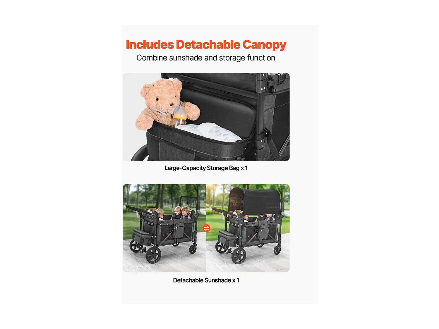 Poussette Wagon pour 4 Enfants SucceBuy, Poussette-chariot Capacité de 150 kg, Pliable, Gris Foncé et Noir