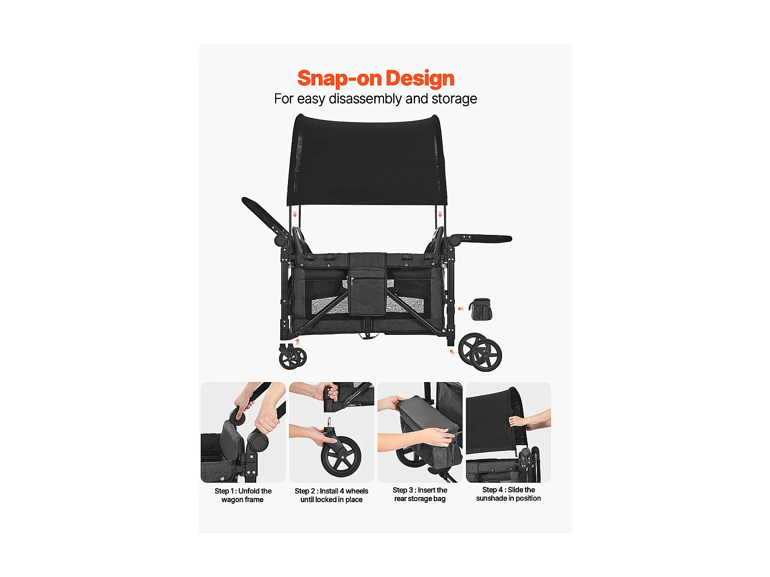 Poussette Wagon pour 4 Enfants SucceBuy, Poussette-chariot Capacité de 150 kg, Pliable, Gris Foncé et Noir