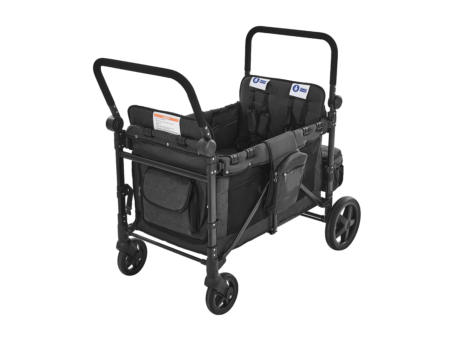 Poussette Wagon pour 4 Enfants SucceBuy, Poussette-chariot Capacité de 150 kg, Pliable, Gris Foncé et Noir