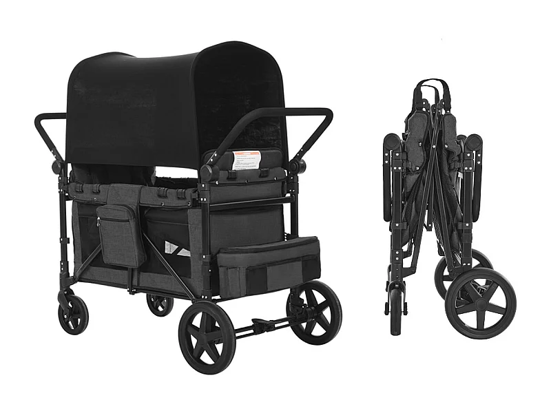 Poussette Wagon pour 4 Enfants SucceBuy, Poussette-chariot Capacité de 150 kg, Pliable, Gris Foncé et Noir