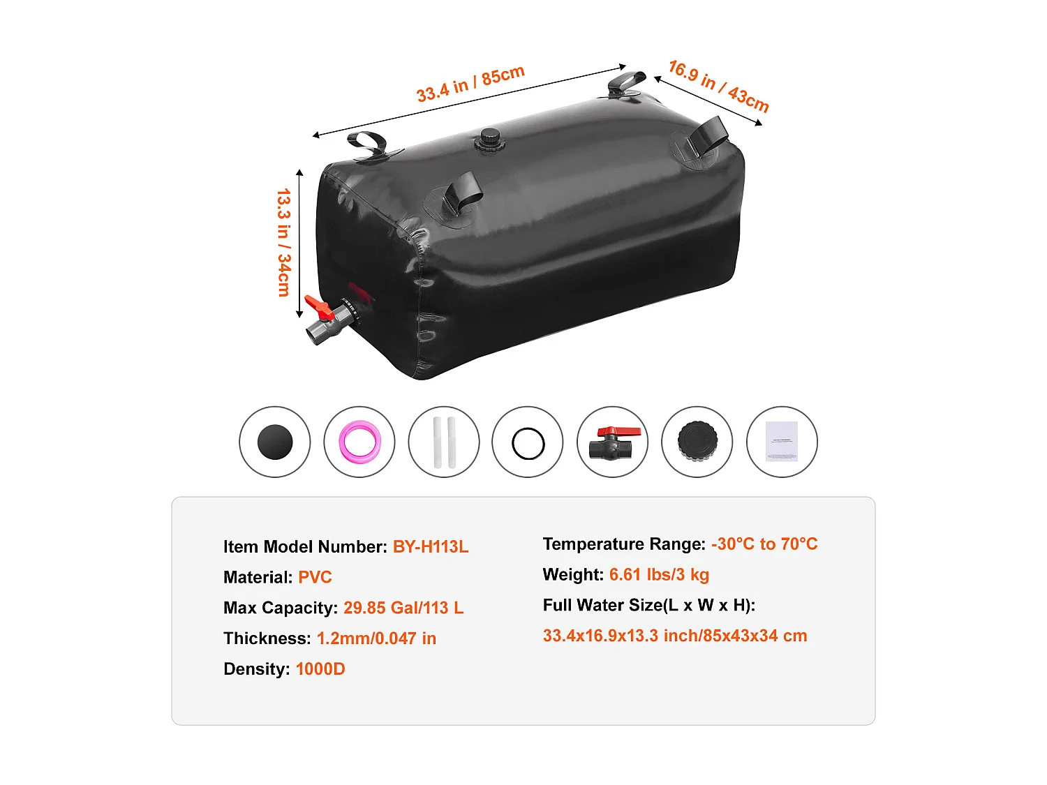 Draagbare Watertank SucceBuy 113L, Opvouwbaar van PVC, Zwart, Watertank voor Camper, Grote Capaciteit, Draagbaar, Brandpreventie, Camping