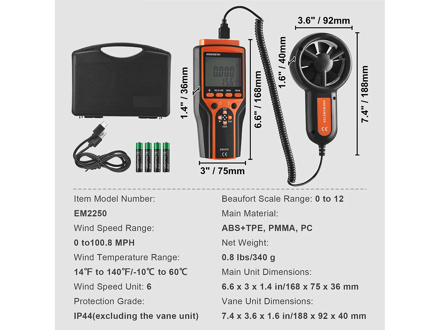 Anemometro Portatile SucceBuy, -10℃ a 60℃, Contatore di Velocità del Vento Digitale, Gauge CFM, Gauge CFM con Retroilluminazione LED