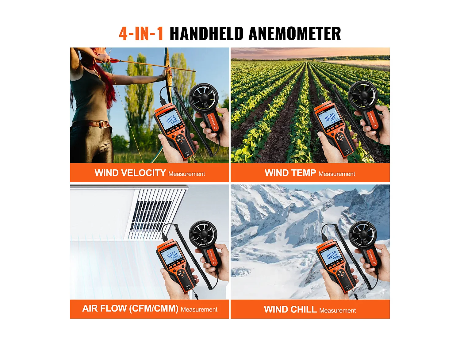 Anemometro Portatile SucceBuy, -10℃ a 60℃, Contatore di Velocità del Vento Digitale, Gauge CFM, Gauge CFM con Retroilluminazione LED