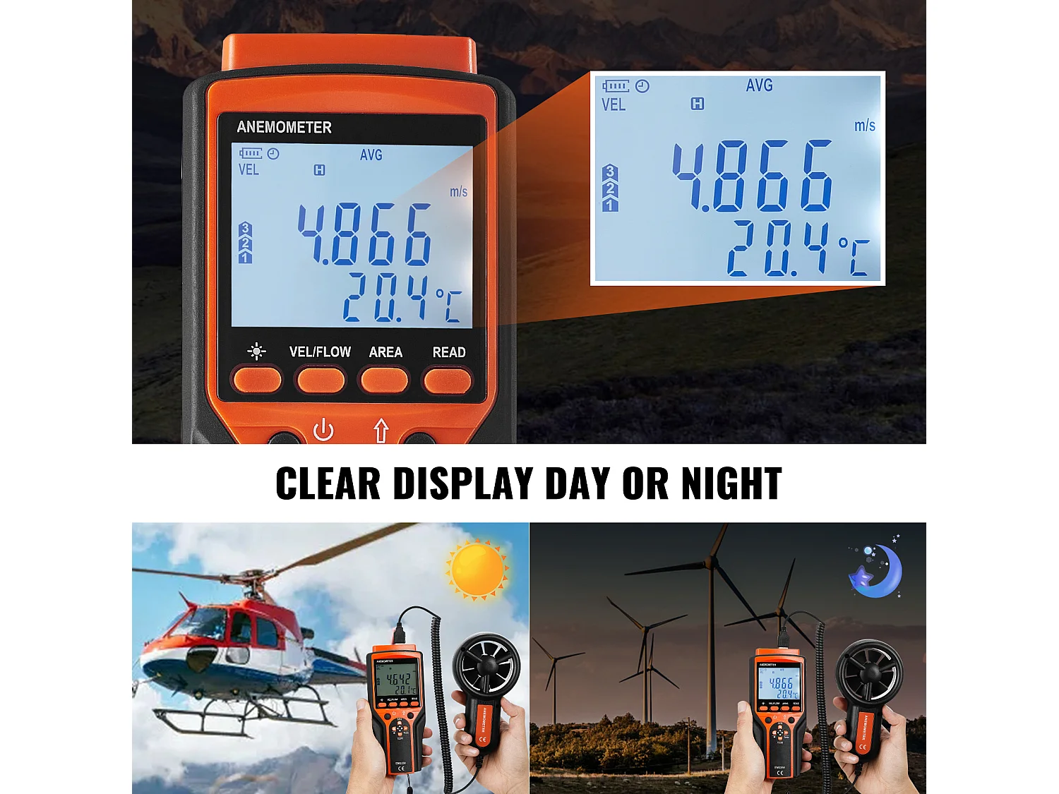 Anemometro Portatile SucceBuy, -10℃ a 60℃, Contatore di Velocità del Vento Digitale, Gauge CFM, Gauge CFM con Retroilluminazione LED