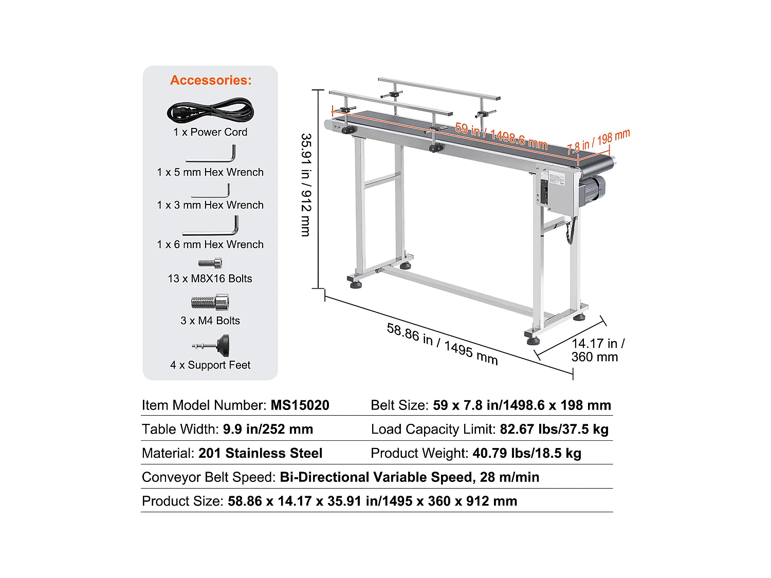 Convoyeur à Bande SucceBuy Convoyeur à Bande 150 x 20 cm, Garde-corps Double en Acier Inoxydable et PVC