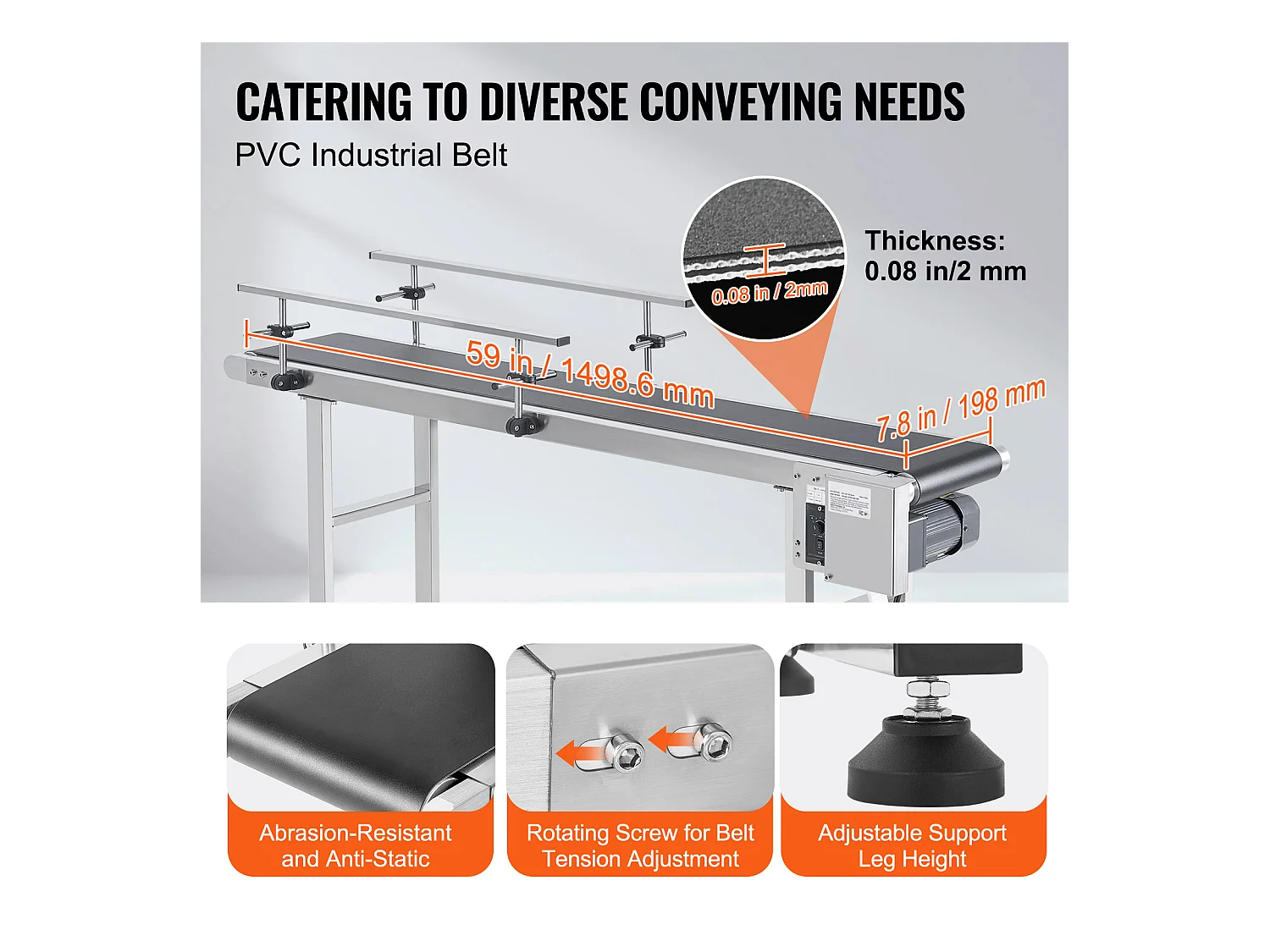 Convoyeur à Bande SucceBuy Convoyeur à Bande 150 x 20 cm, Garde-corps Double en Acier Inoxydable et PVC