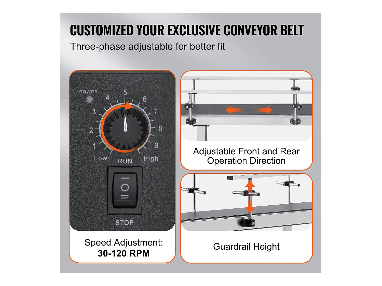 Convoyeur à Bande SucceBuy Convoyeur à Bande 150 x 20 cm, Garde-corps Double en Acier Inoxydable et PVC