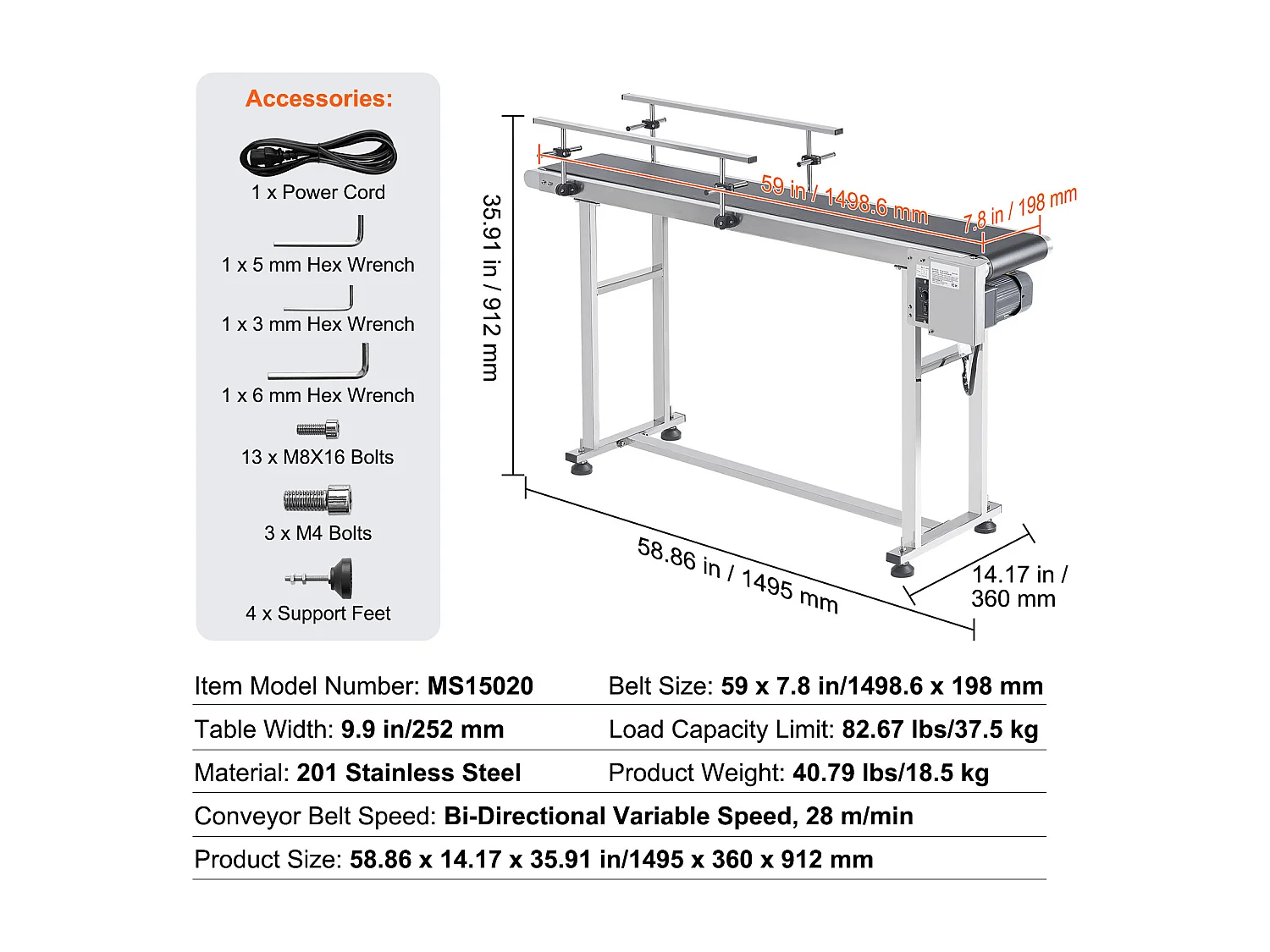 Convoyeur à Bande SucceBuy Convoyeur à Bande 150 x 20 cm, Garde-corps Double en Acier Inoxydable et PVC