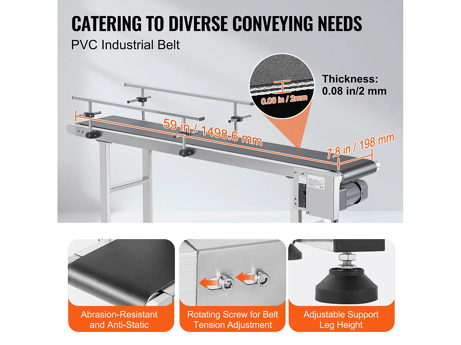 Convoyeur à Bande SucceBuy Convoyeur à Bande 150 x 20 cm, Garde-corps Double en Acier Inoxydable et PVC