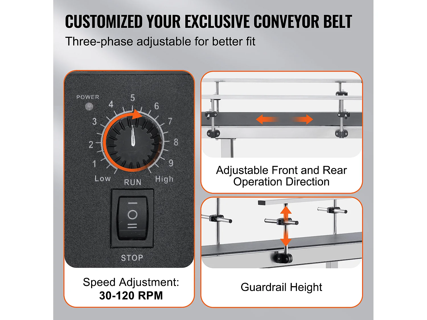 Convoyeur à Bande SucceBuy Convoyeur à Bande 150 x 20 cm, Garde-corps Double en Acier Inoxydable et PVC
