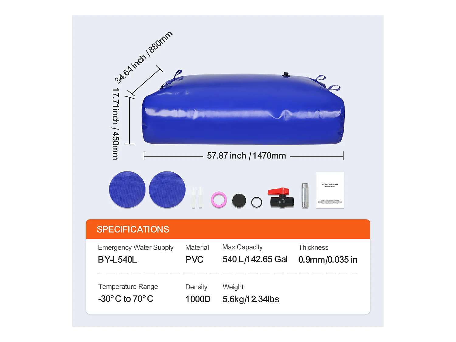 Tragbarer Wassertank SucceBuy 540L, Faltbar aus PVC 1000D, Wassertank für Wohnmobil, Große Kapazität, Tragbar, Brandschutz, Camping