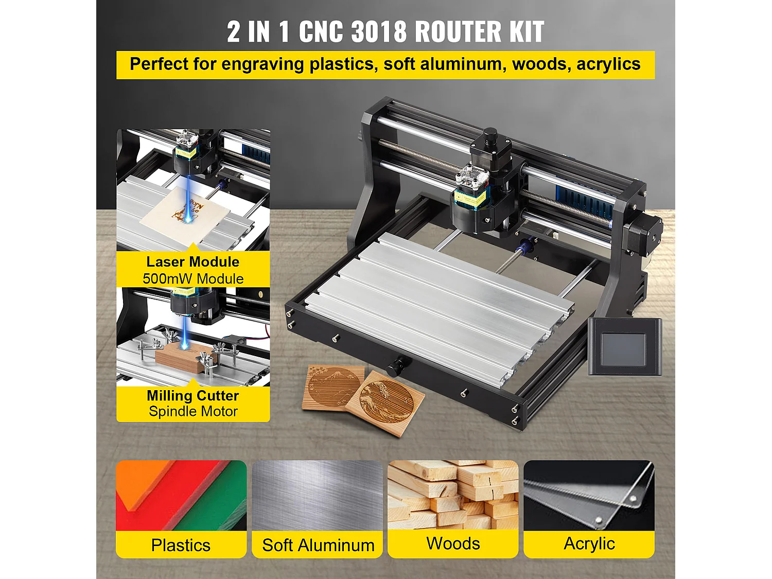 Machine à Graver, SucceBuy CNC 3018 Pro 500 mW Laser Engraver pour le Bois, le Cuir, le Plastique