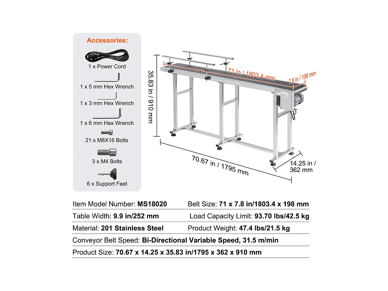 Convoyeur à Bande SucceBuy Convoyeur à Bande 180 x 20 cm, Garde-corps Double en Acier Inoxydable et PVC