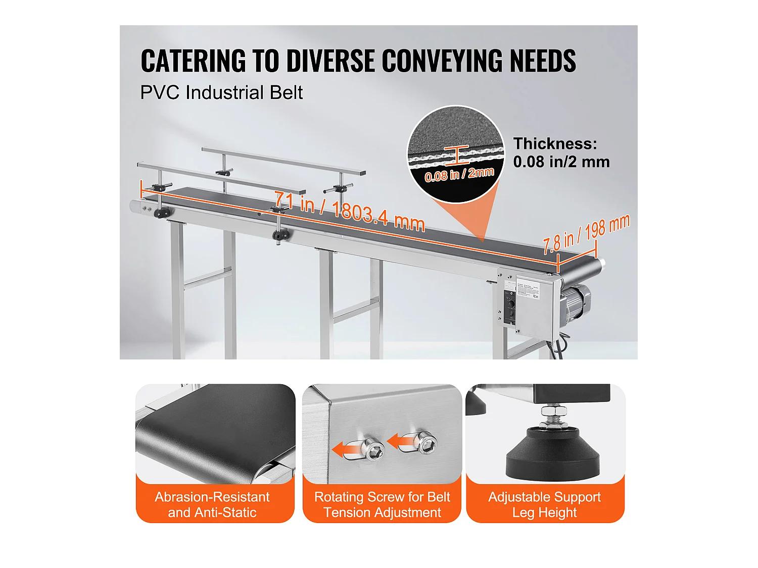 Convoyeur à Bande SucceBuy Convoyeur à Bande 180 x 20 cm, Garde-corps Double en Acier Inoxydable et PVC