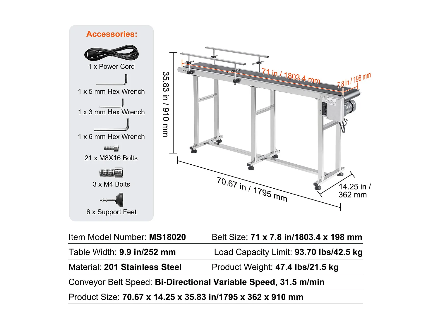 Convoyeur à Bande SucceBuy Convoyeur à Bande 180 x 20 cm, Garde-corps Double en Acier Inoxydable et PVC