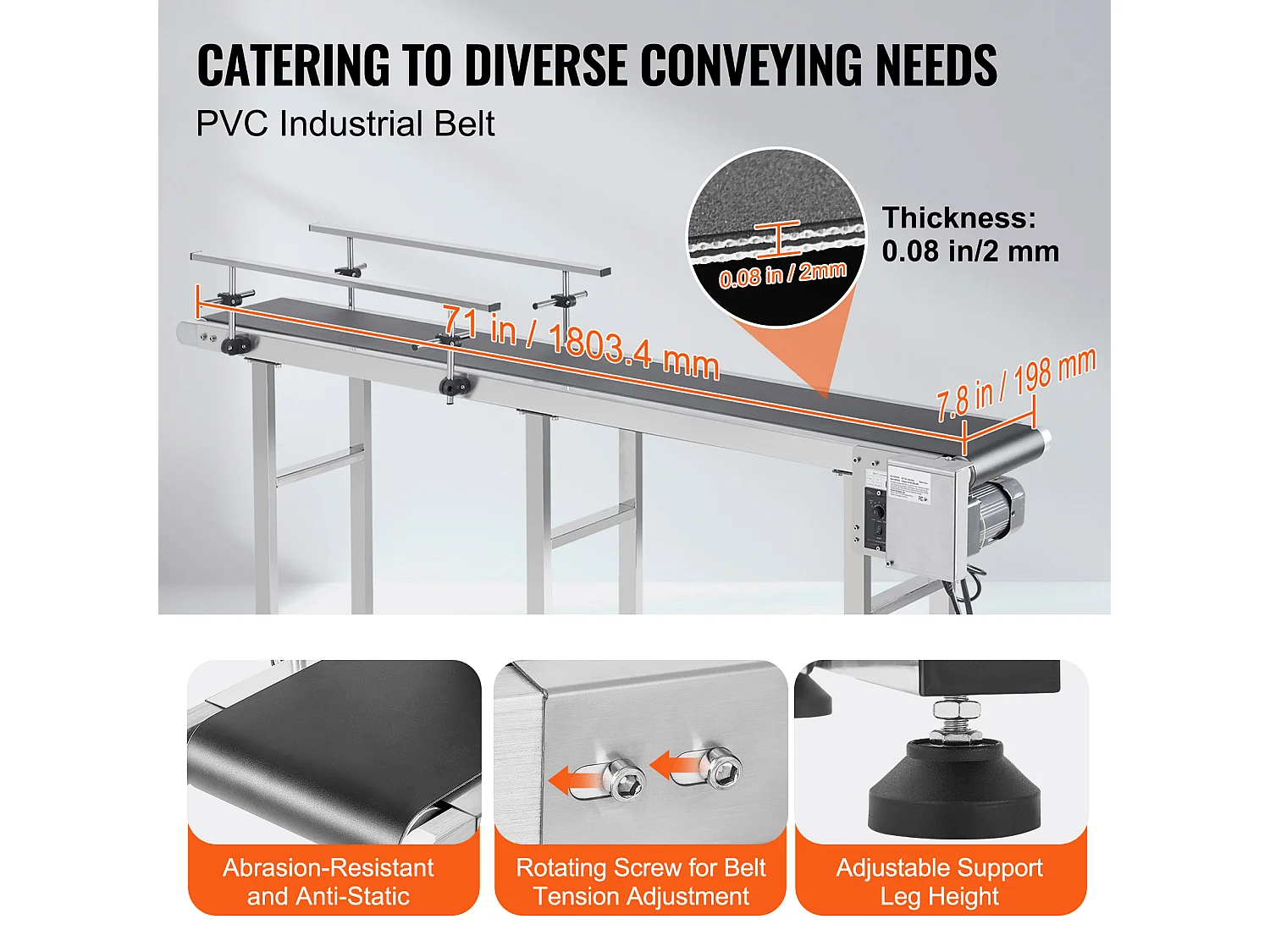 Convoyeur à Bande SucceBuy Convoyeur à Bande 180 x 20 cm, Garde-corps Double en Acier Inoxydable et PVC