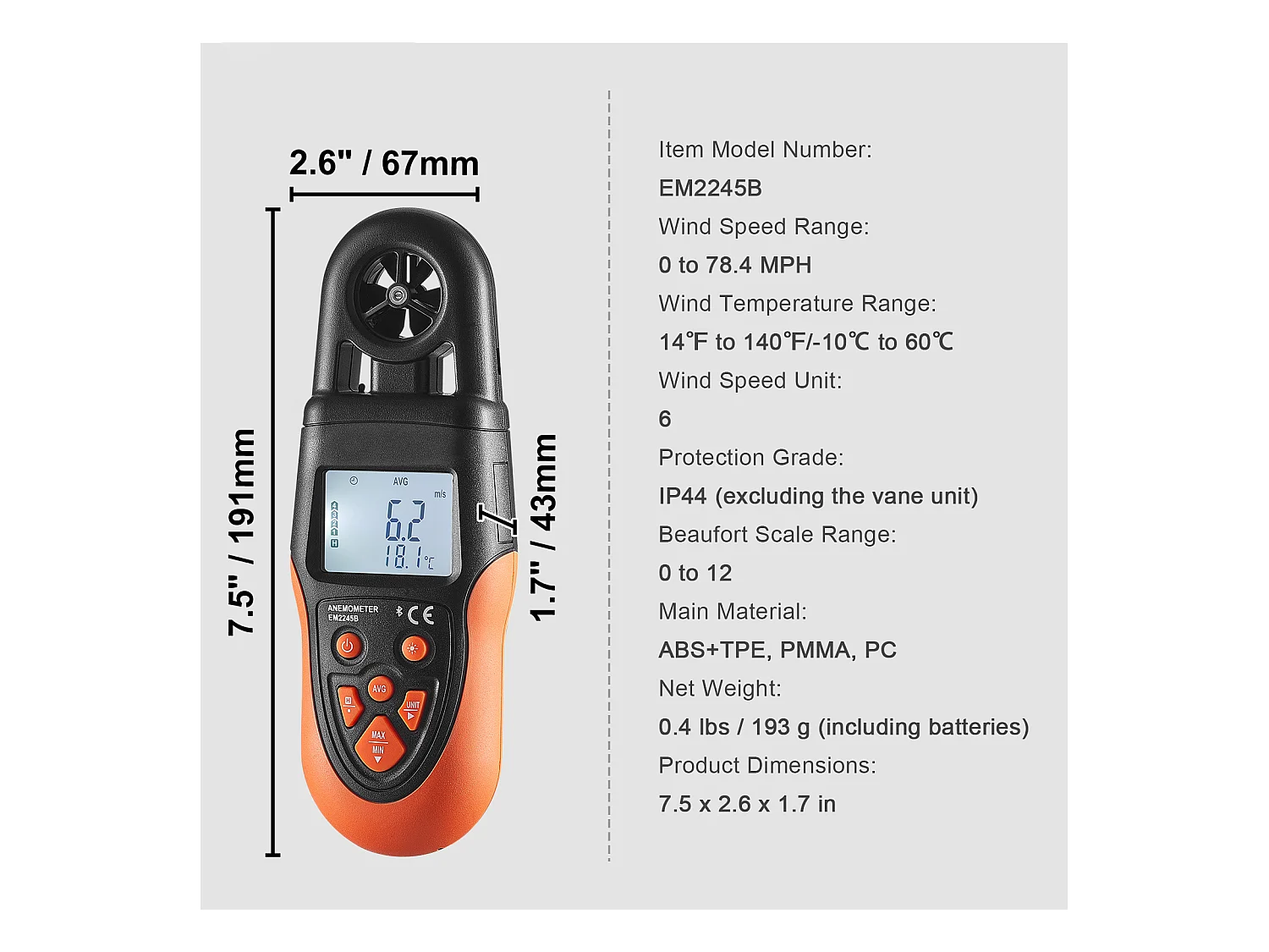 Anémomètre Portable SucceBuy, -10 ℃ à 60 ℃ Mesure Vitesse du Vent, avec Écran LED