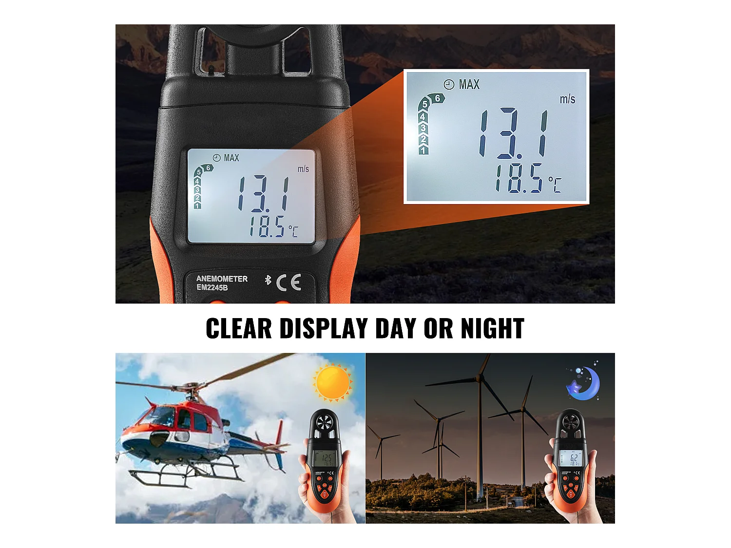 Anémomètre Portable SucceBuy, -10 ℃ à 60 ℃ Mesure Vitesse du Vent, avec Écran LED