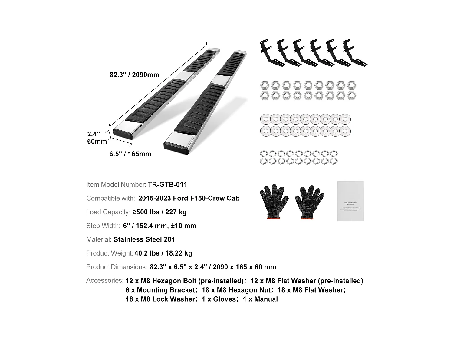 Marchepieds, SucceBuy, 152.4 mm pour Ford F150 2015-2023 - Cabine Multiplace, Marchepieds, 227 kg, 2 Pièces