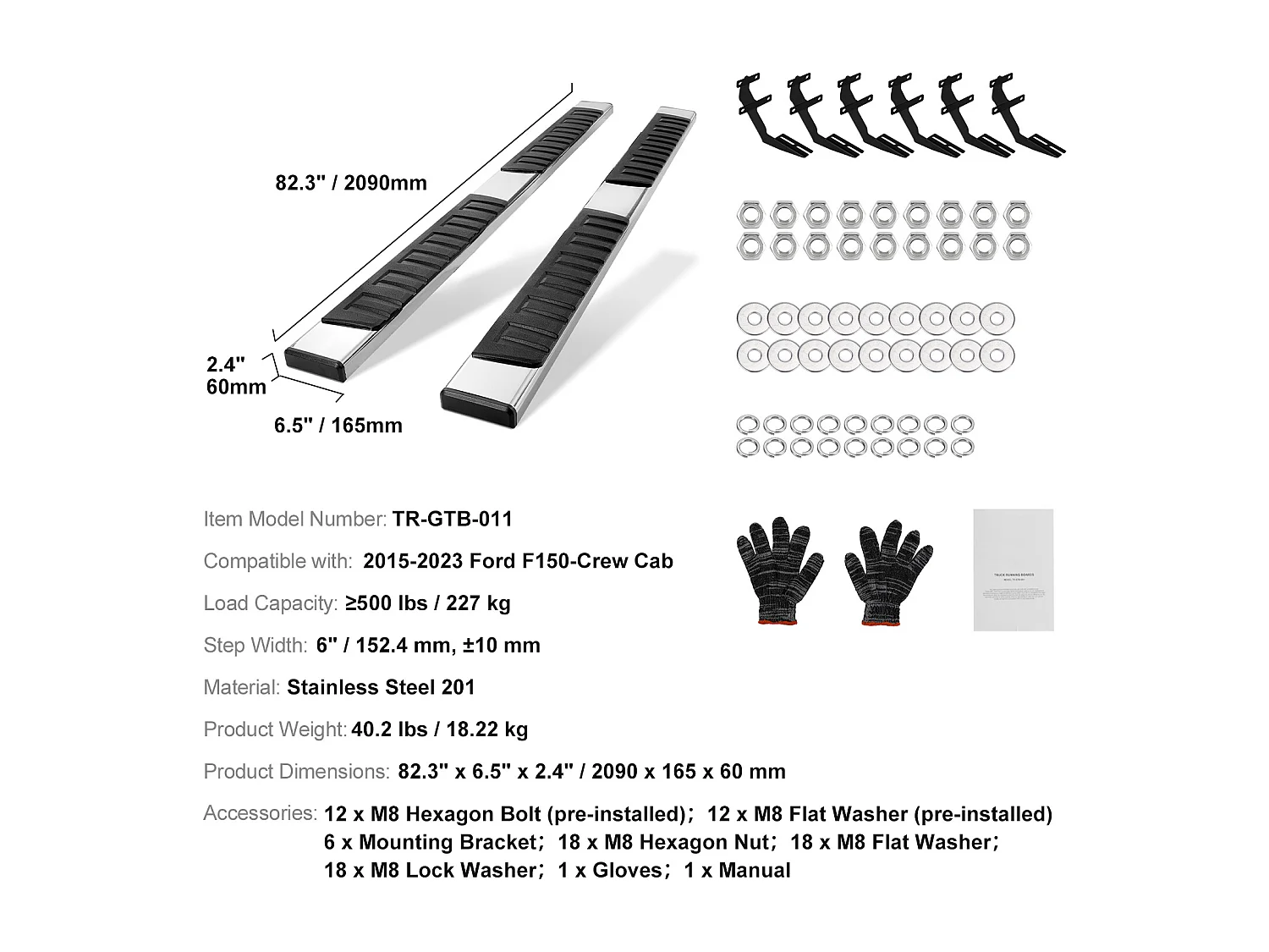 Marchepieds, SucceBuy, 152.4 mm pour Ford F150 2015-2023 - Cabine Multiplace, Marchepieds, 227 kg, 2 Pièces