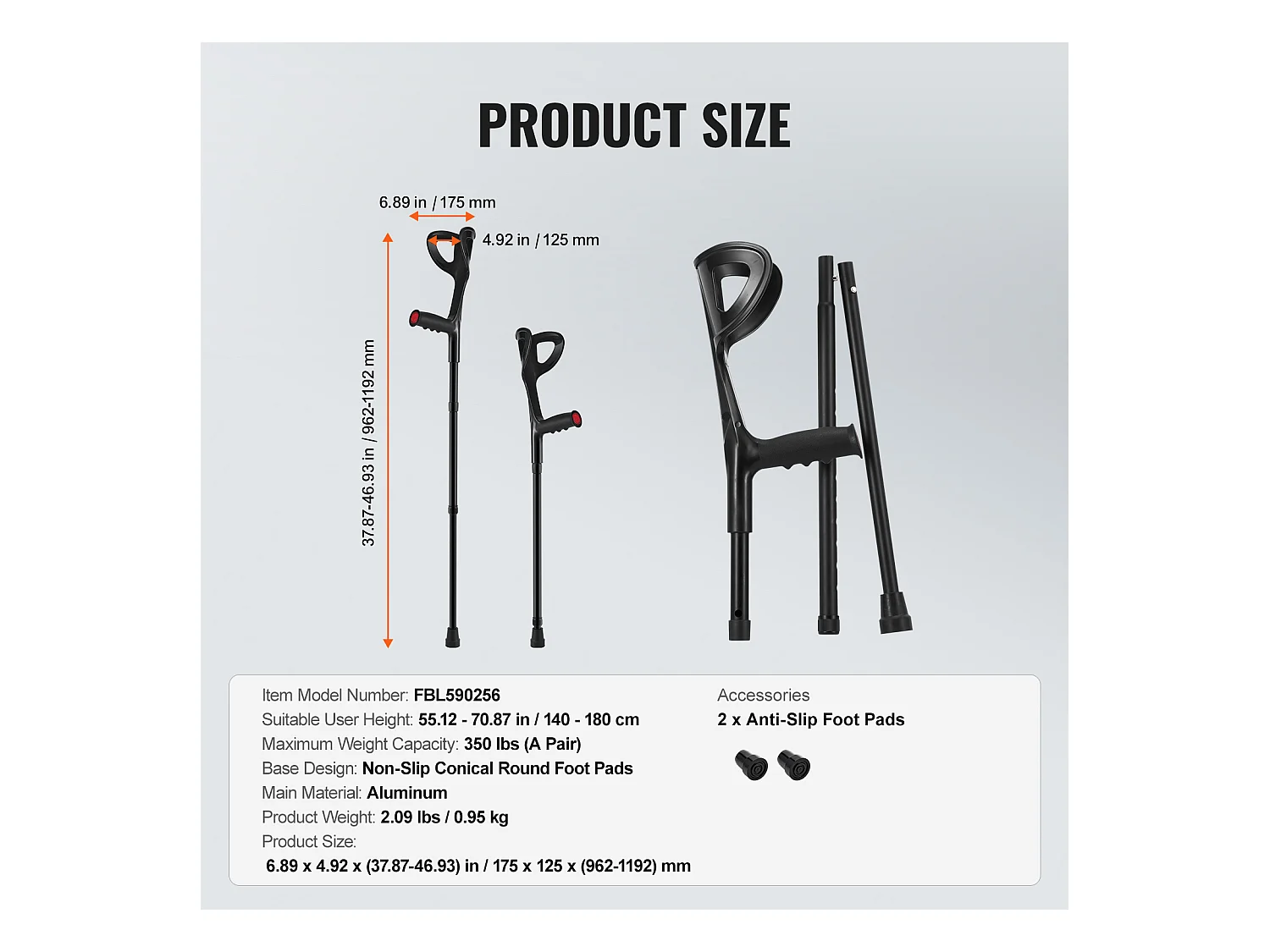 Béquilles Axillaires, SucceBuy Béquilles d'Avant-Bras Béquilles de Marche Réglables en Hauteur à 10 Niveaux 1 Paire 159 kg