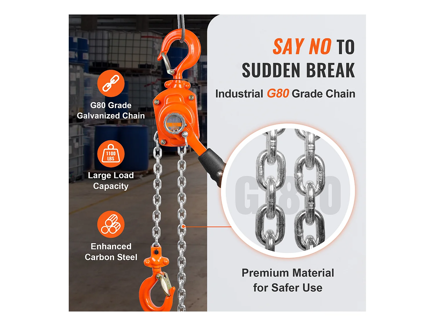 Palan à Chaîne à Levier SucceBuy, Capacité de 499 kg, 304,8 cm, Élévateur à Cliquet G80