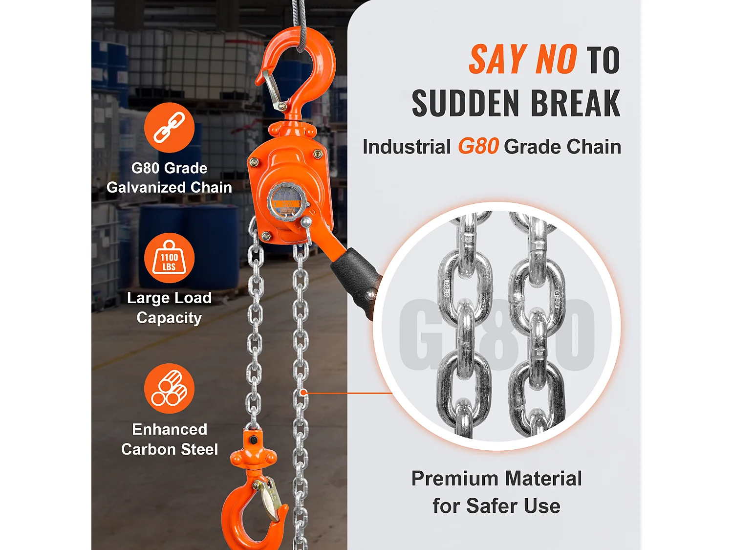 Palan à Chaîne à Levier SucceBuy, Capacité de 499 kg, 304,8 cm, Élévateur à Cliquet G80