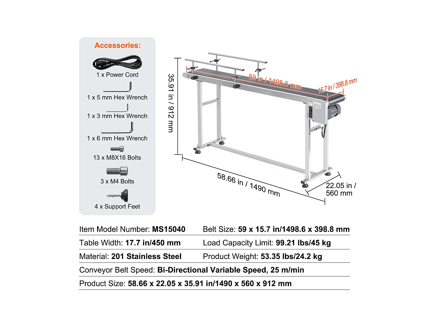 Convoyeur à Bande SucceBuy Convoyeur à Bande 150 x 40 cm, Garde-corps Double en Acier Inoxydable et PVC