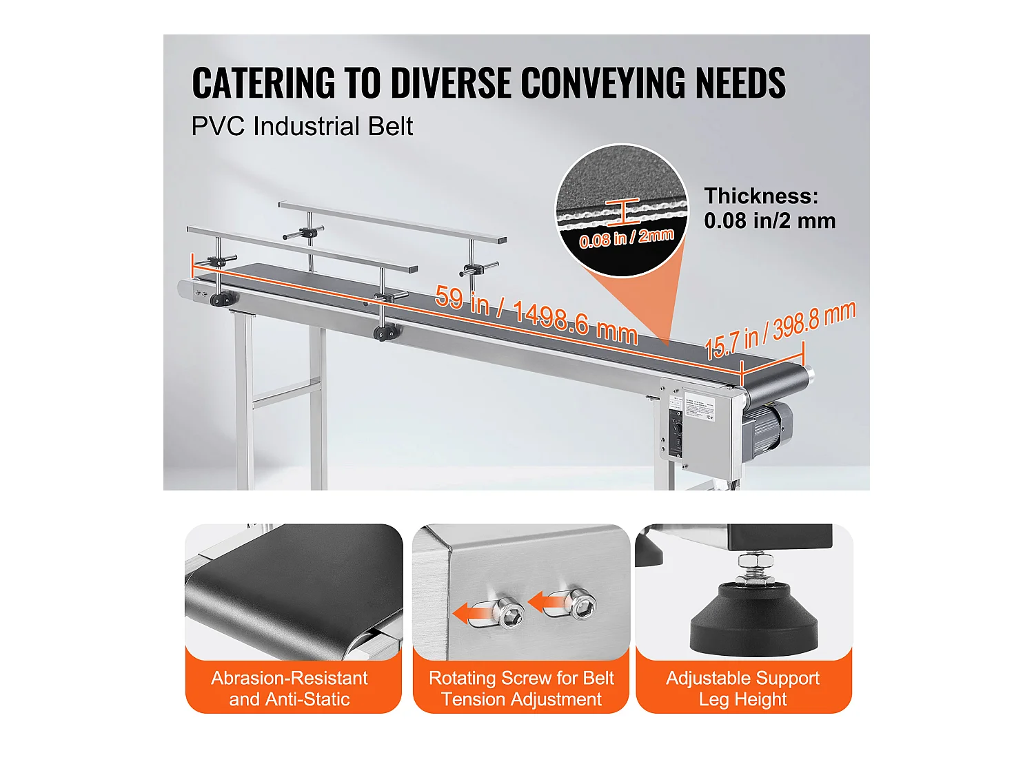Convoyeur à Bande SucceBuy Convoyeur à Bande 150 x 40 cm, Garde-corps Double en Acier Inoxydable et PVC