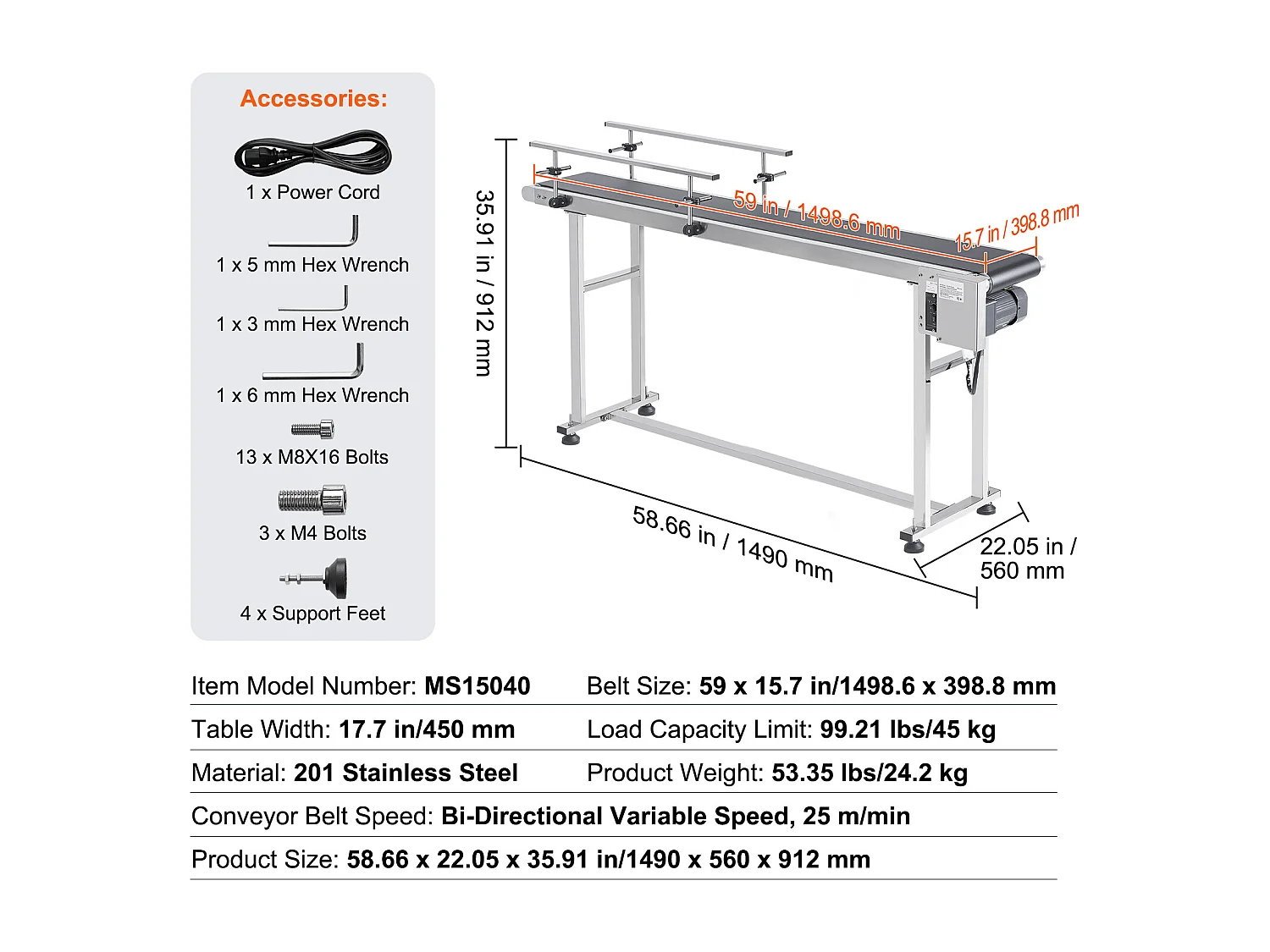 Convoyeur à Bande SucceBuy Convoyeur à Bande 150 x 40 cm, Garde-corps Double en Acier Inoxydable et PVC