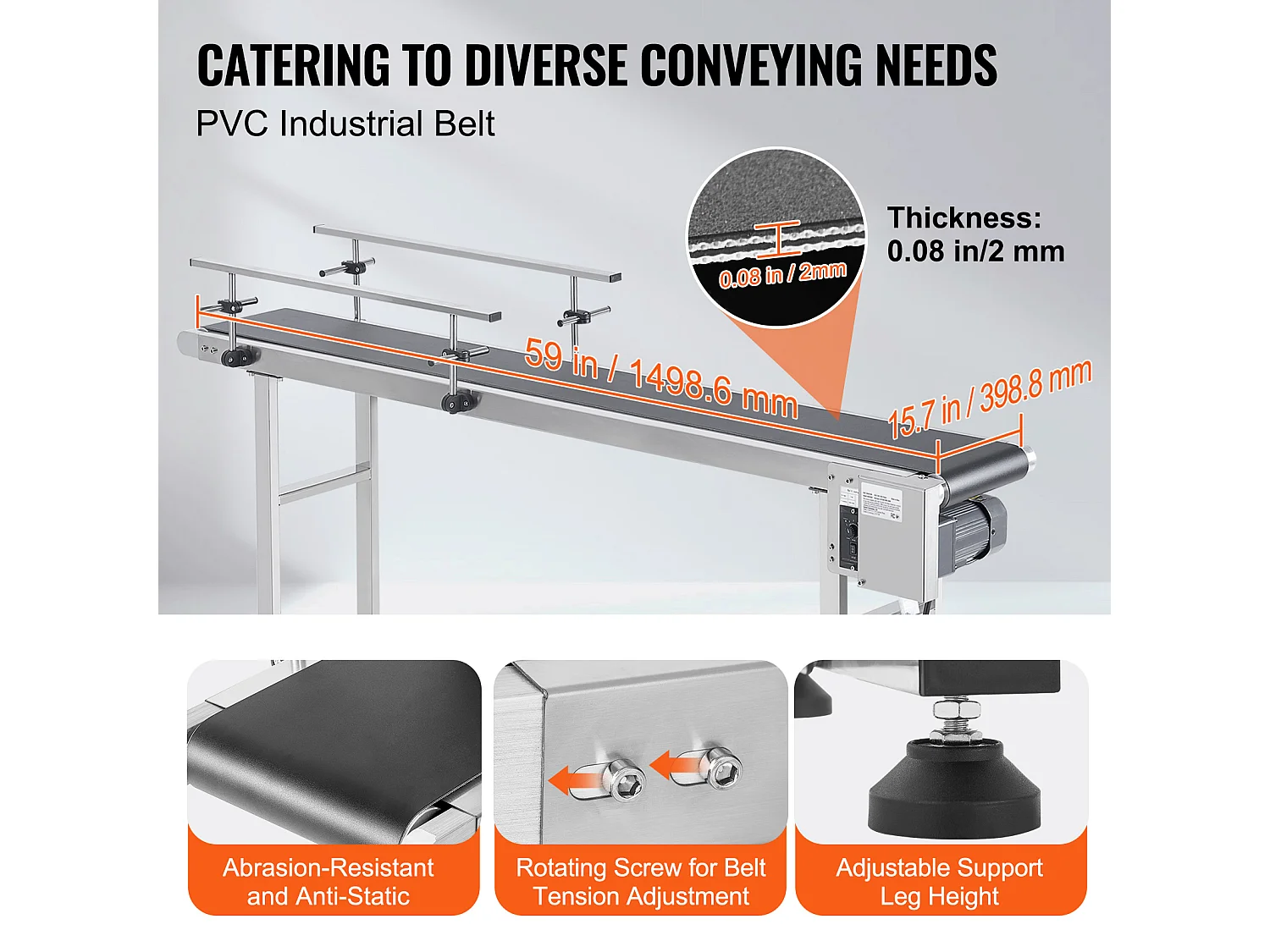Convoyeur à Bande SucceBuy Convoyeur à Bande 150 x 40 cm, Garde-corps Double en Acier Inoxydable et PVC