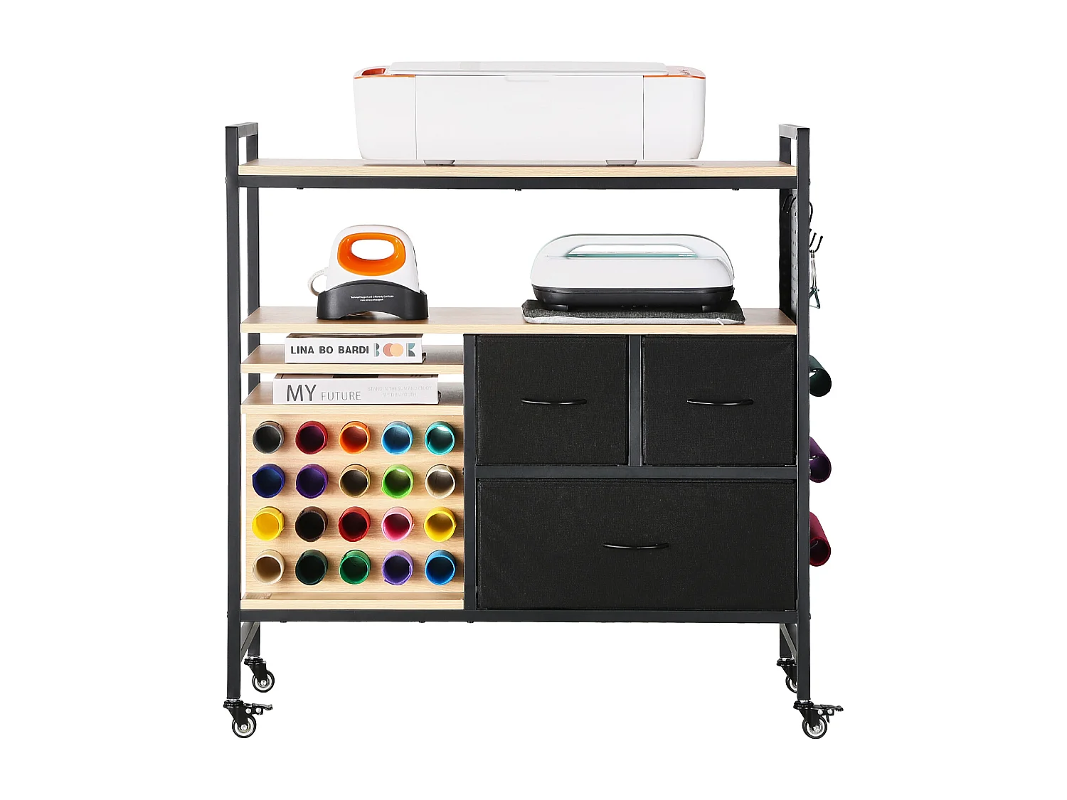 Chariot de Rangement et Table de Travail SucceBuy, Table de Travail avec 20 Porte-rouleaux de Vinyle et 3 Tiroirs, Idéal pour les Espaces Créatifs, Noir