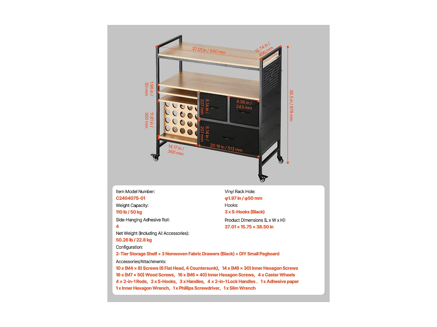 Chariot de Rangement et Table de Travail SucceBuy, Table de Travail avec 20 Porte-rouleaux de Vinyle et 3 Tiroirs, Idéal pour les Espaces Créatifs, Noir