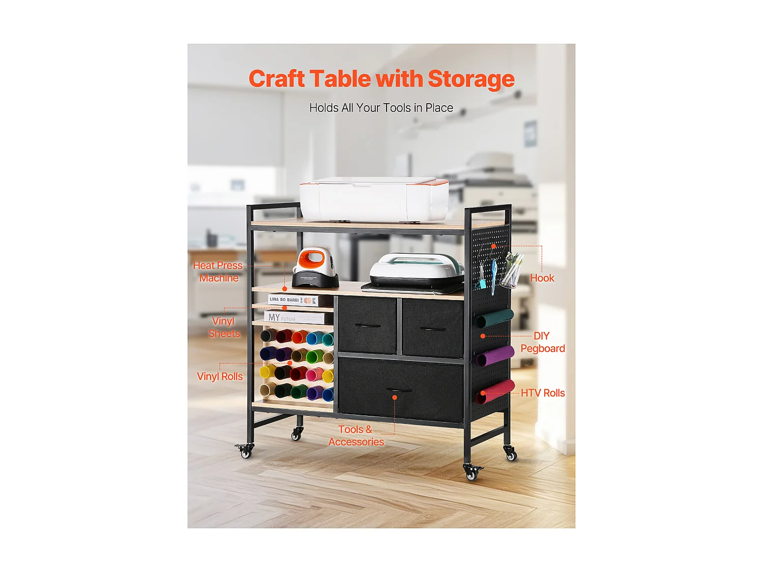 Chariot de Rangement et Table de Travail SucceBuy, Table de Travail avec 20 Porte-rouleaux de Vinyle et 3 Tiroirs, Idéal pour les Espaces Créatifs, Noir