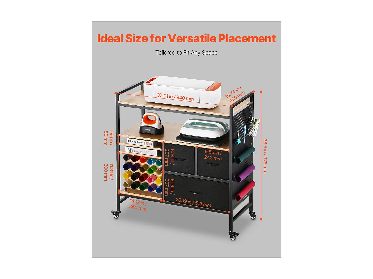 Chariot de Rangement et Table de Travail SucceBuy, Table de Travail avec 20 Porte-rouleaux de Vinyle et 3 Tiroirs, Idéal pour les Espaces Créatifs, Noir