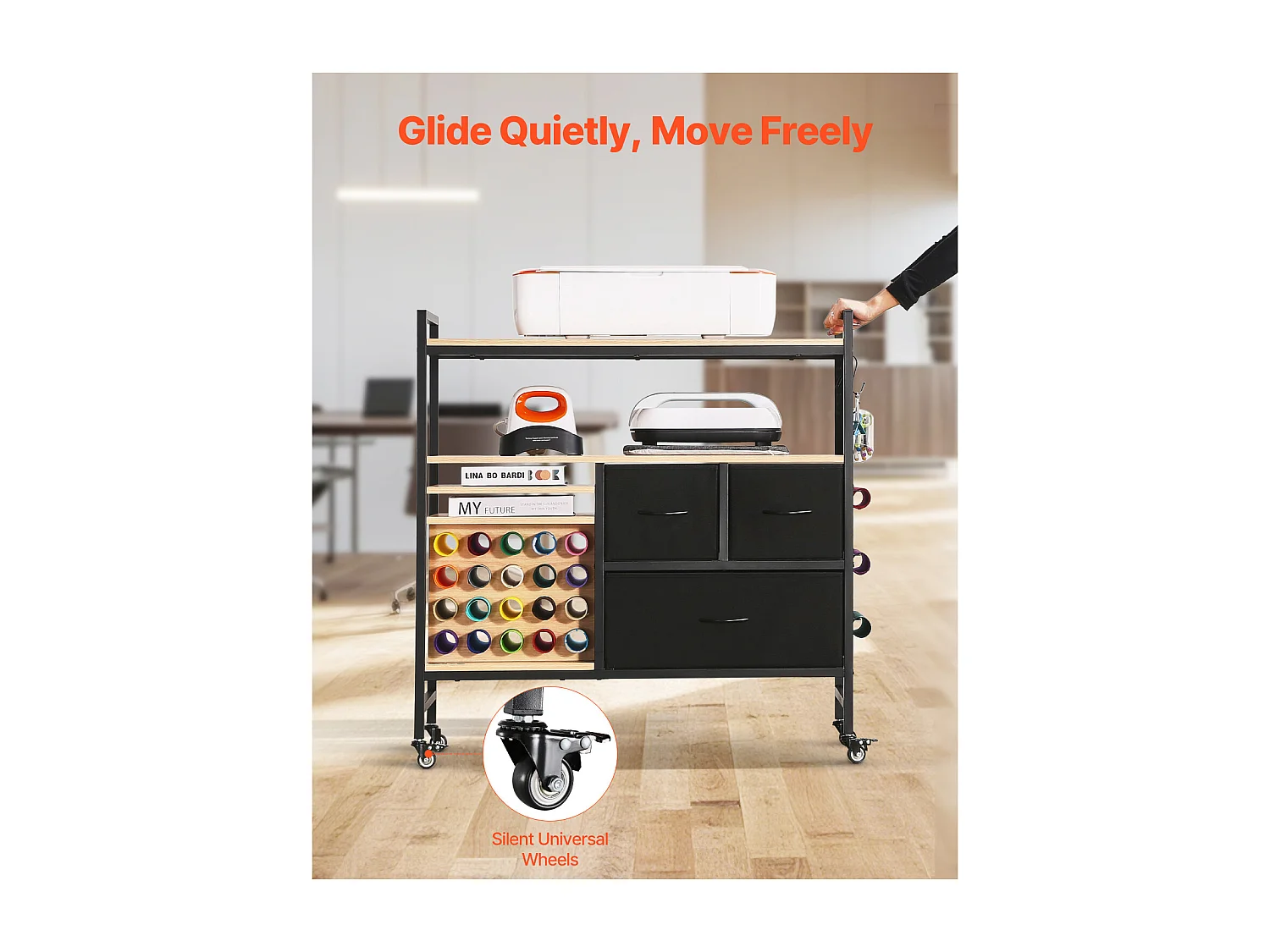 Chariot de Rangement et Table de Travail SucceBuy, Table de Travail avec 20 Porte-rouleaux de Vinyle et 3 Tiroirs, Idéal pour les Espaces Créatifs, Noir