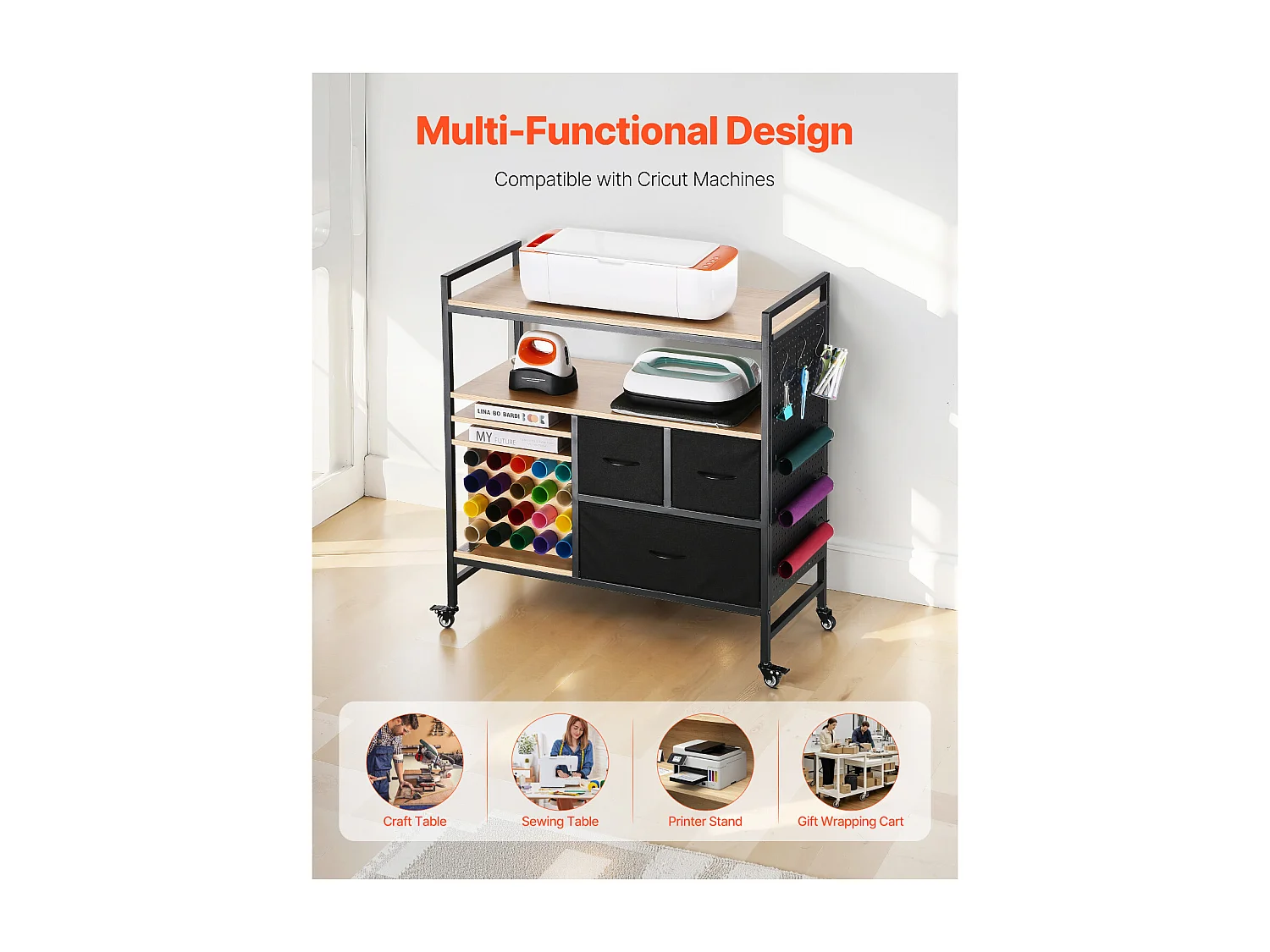 Chariot de Rangement et Table de Travail SucceBuy, Table de Travail avec 20 Porte-rouleaux de Vinyle et 3 Tiroirs, Idéal pour les Espaces Créatifs, Noir