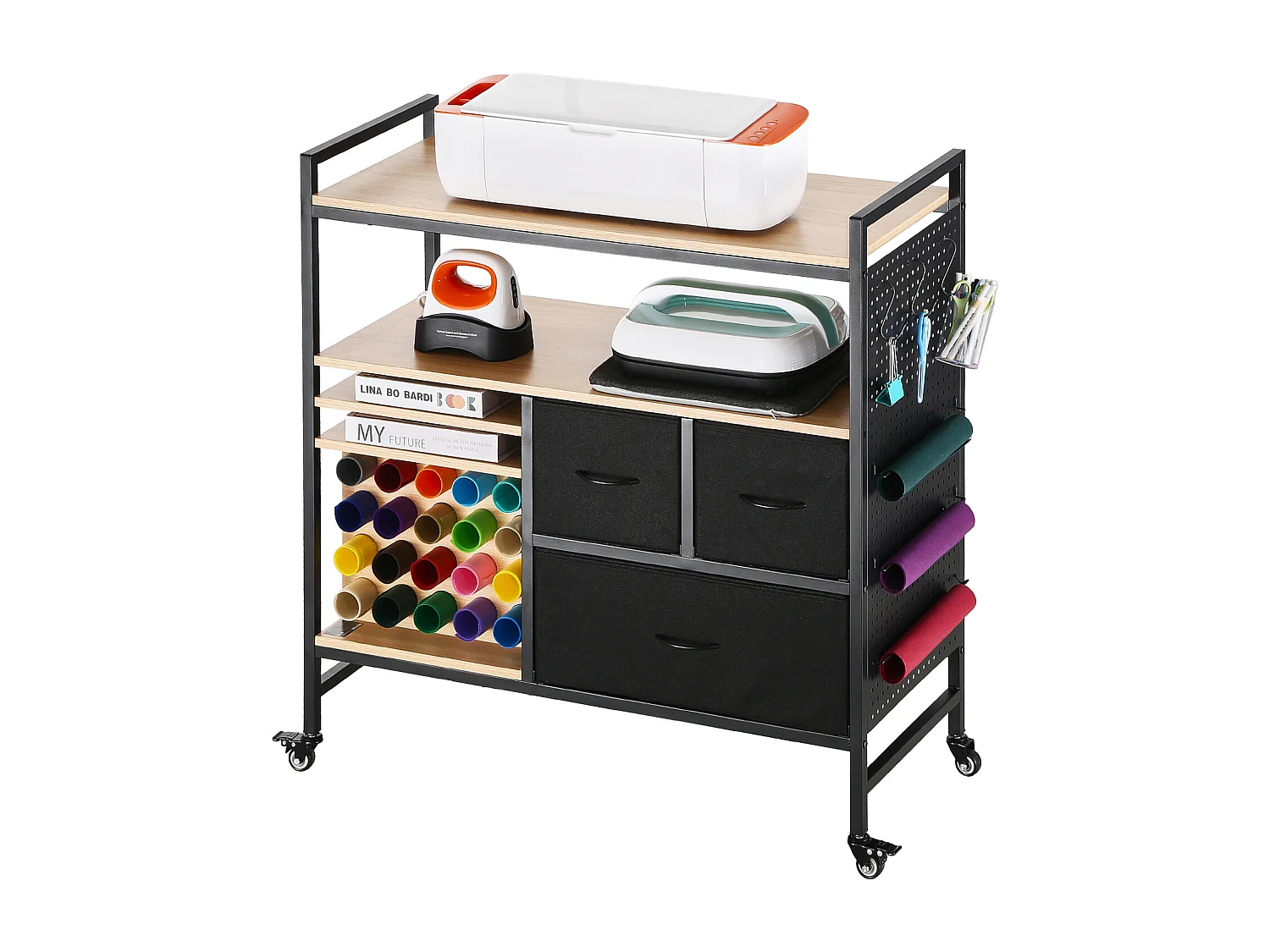 Chariot de Rangement et Table de Travail SucceBuy, Table de Travail avec 20 Porte-rouleaux de Vinyle et 3 Tiroirs, Idéal pour les Espaces Créatifs, Noir